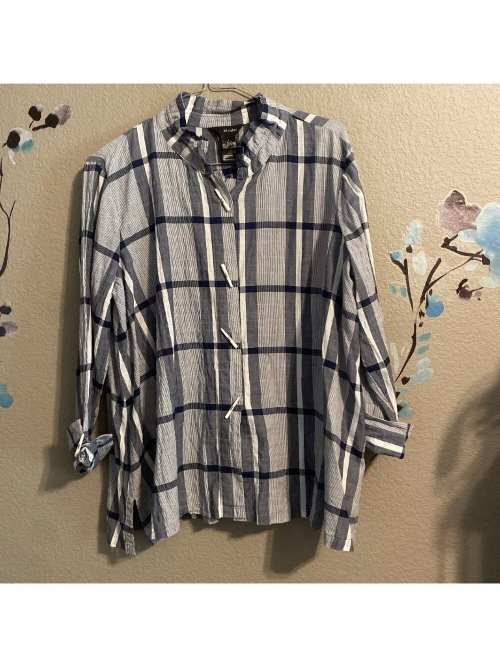 Alie Miles Lightweight Blue Plaid Toggle Button Tunic Top Shirt Size Large L/XL